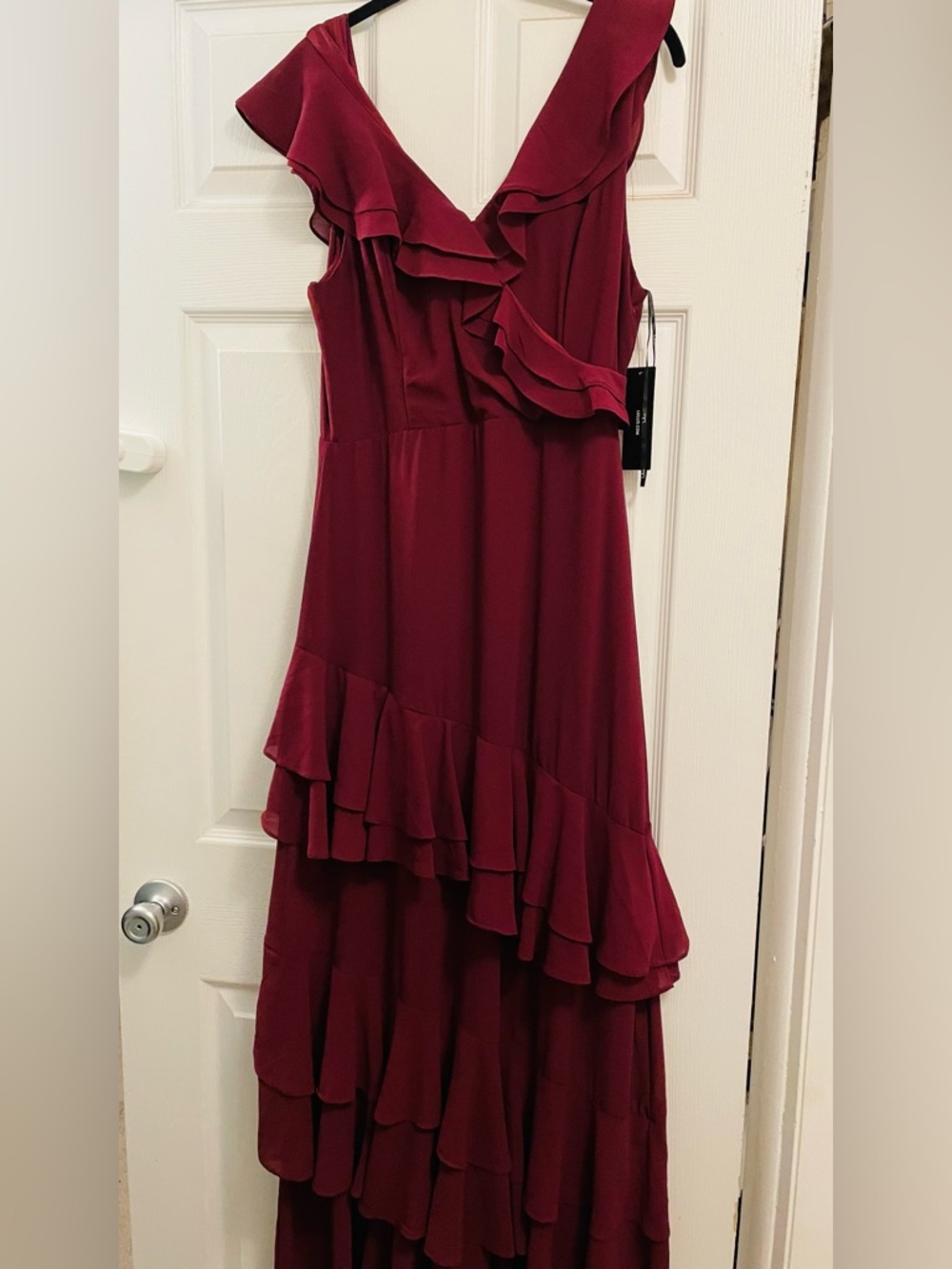 Lulus Ruffled V-Neck Burgundy Maxi Dress